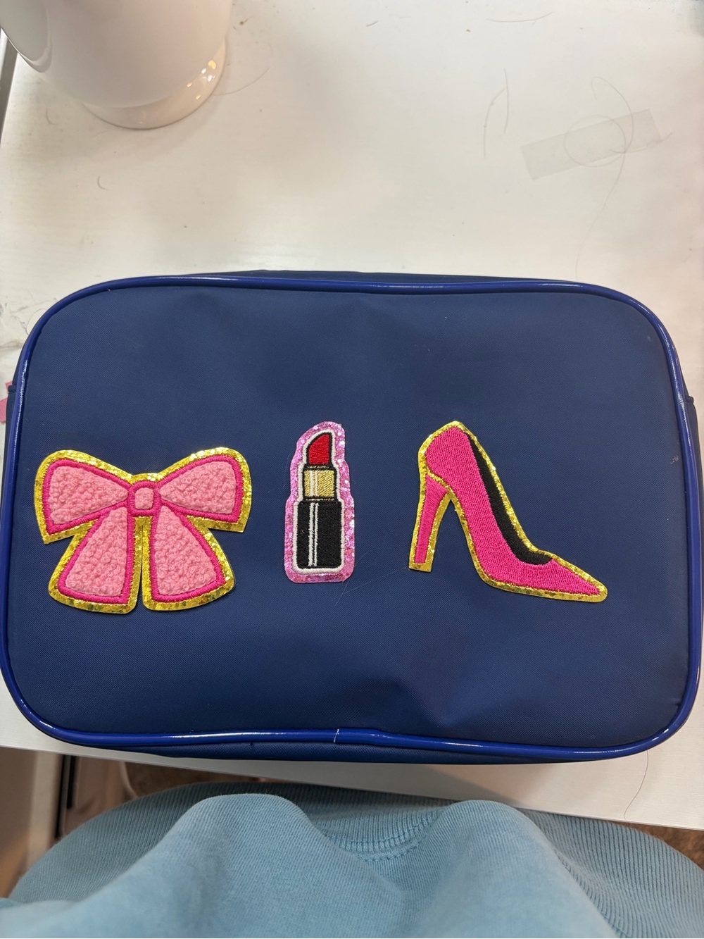 J Crew Navy Cosmetic Bag with Pink Charm Patches